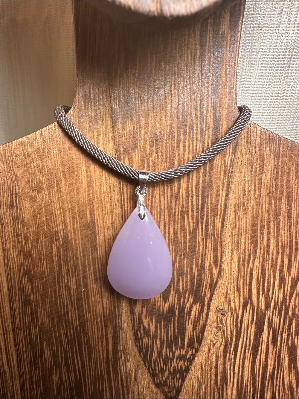 Lavender Teardrop Pendant Necklace on Brown Rope - Picture 2 of 15